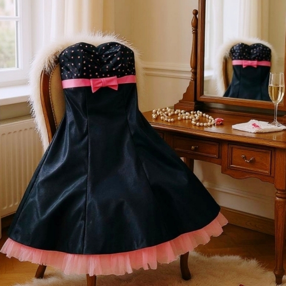 Jessica McClintock ✦ Strapless Bow Dress ✦ Polka Dot Sweetheart Tulle Cocktail S - Picture 3 of 17